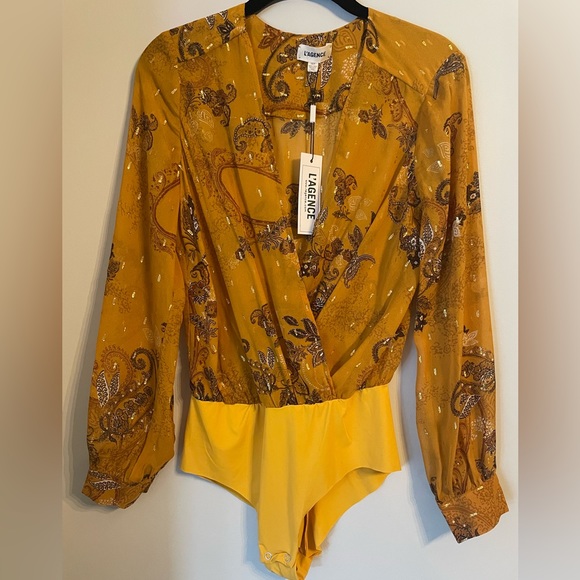 L'AGENCE Tops - XS L’AGENCE Tasha Silk Bodysuit Rust Brown Yellow